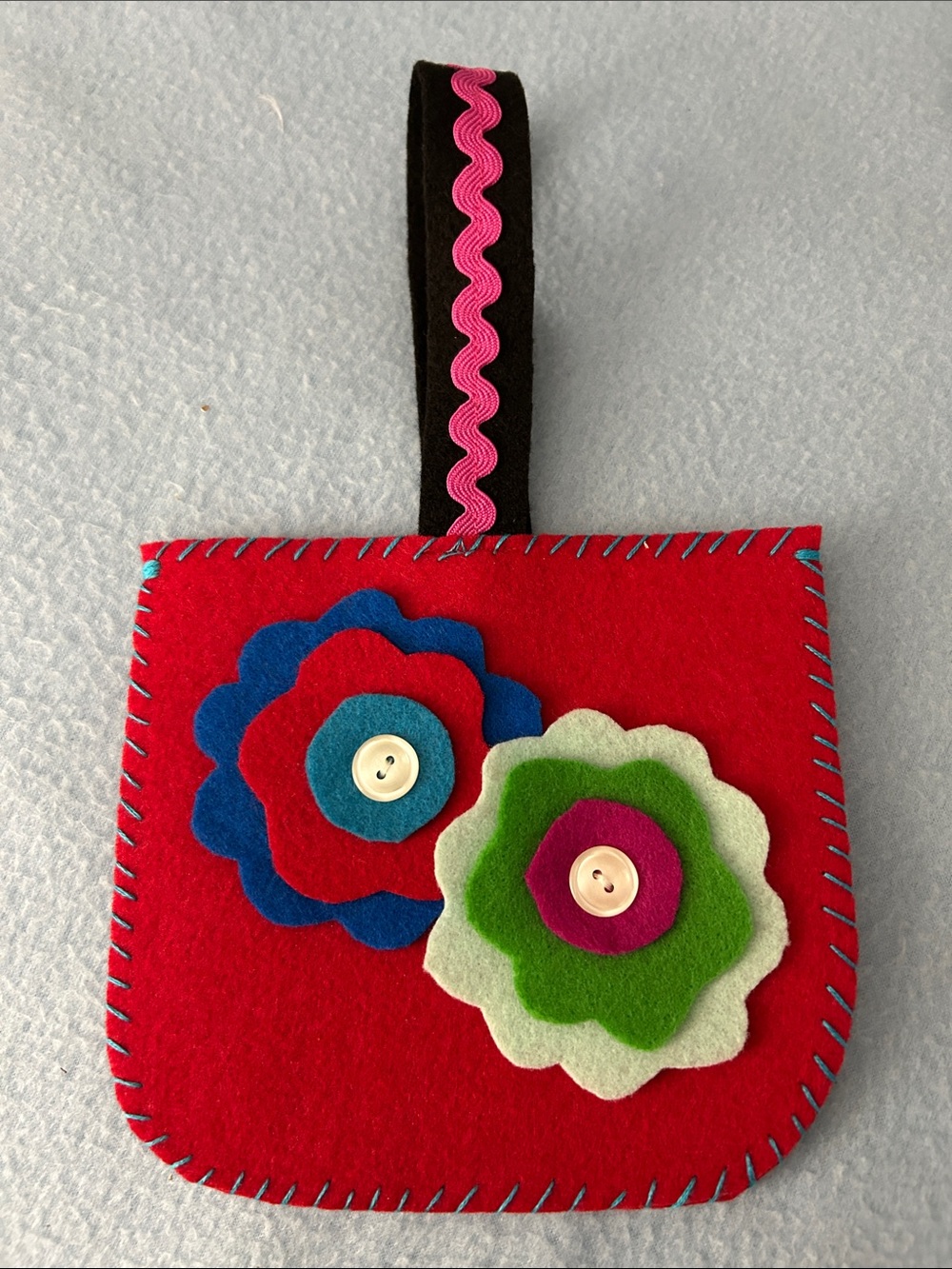Handmade Red Felt Wristlet with Colorful Flower Appliqués